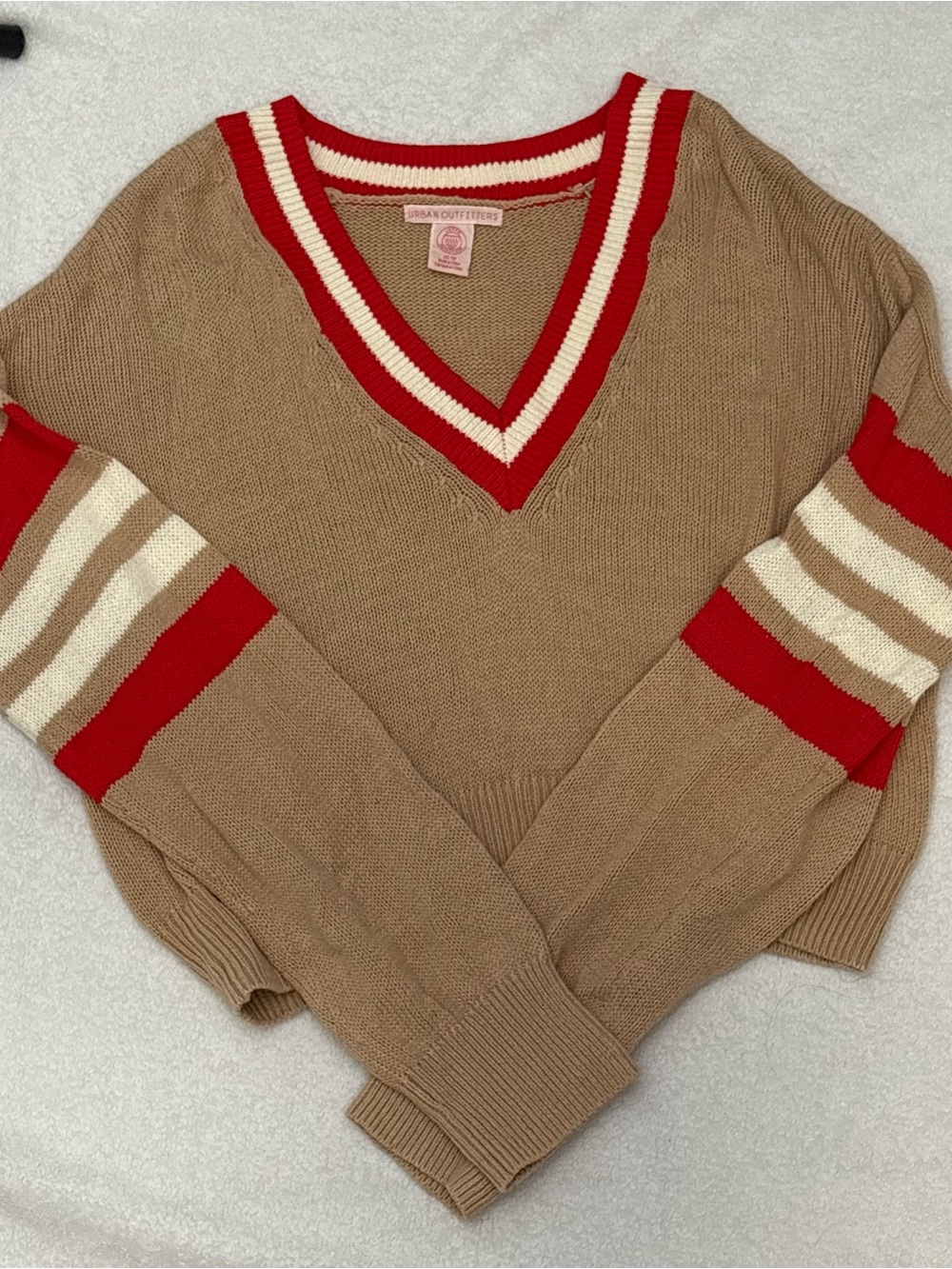 Urban Outfitters Tan V-Neck Sweater with Red & Cream Stripes